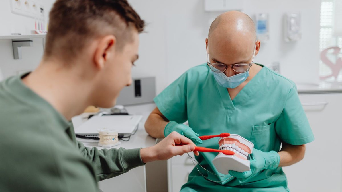 Cirurgião-dentista demonstrando a técnica de escovação em um modelo de arcada dentária